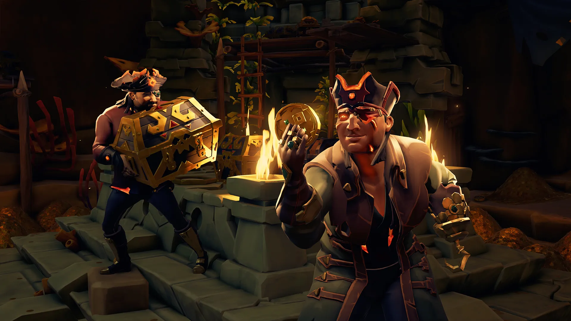 A pirate in a captain's outfit manning the helm of a galleon.