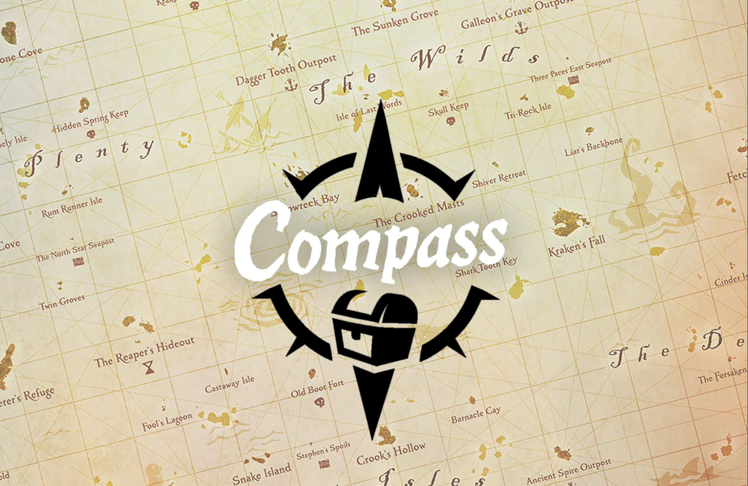Picture of Compass, the Sea of Thieves asset database, logo over a map of different labeled islands and regions in Sea of Thieves.