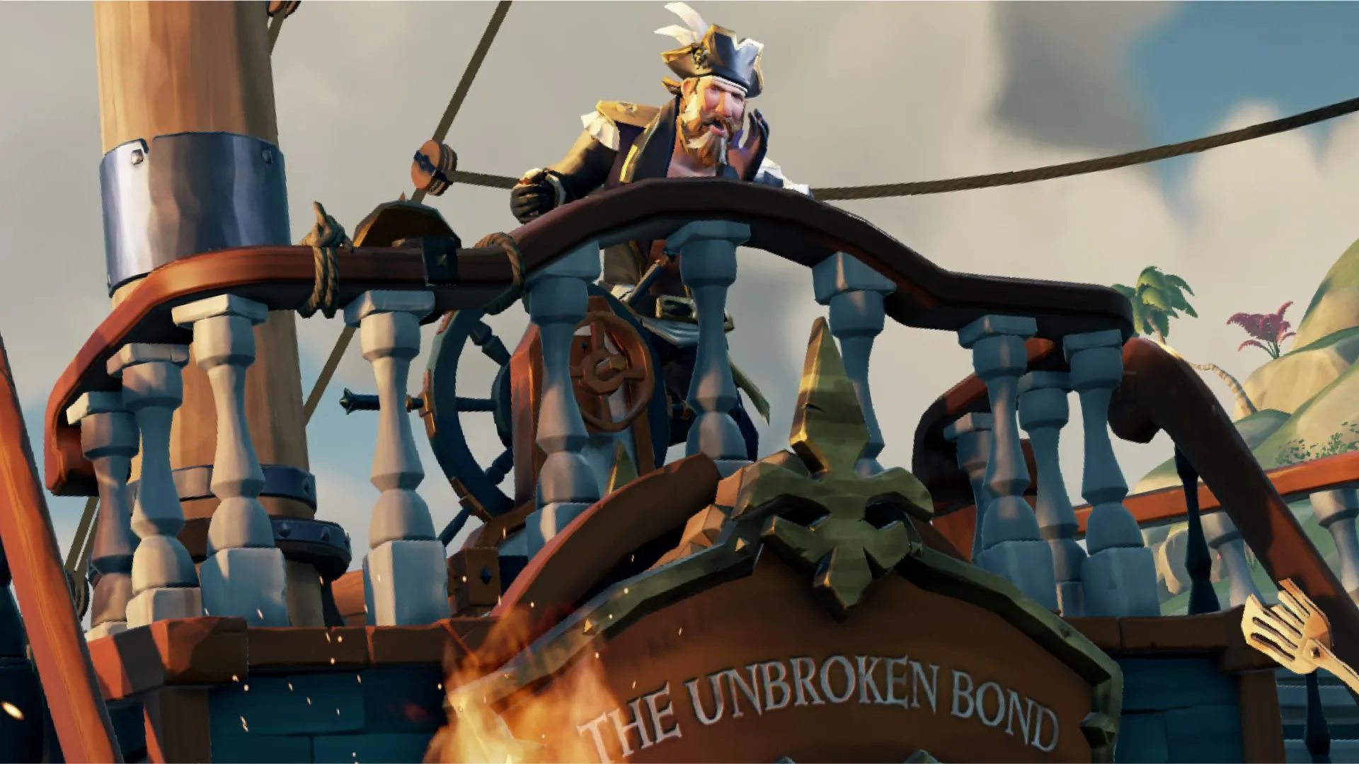 A pirate in a captain's outfit manning the helm of a galleon.